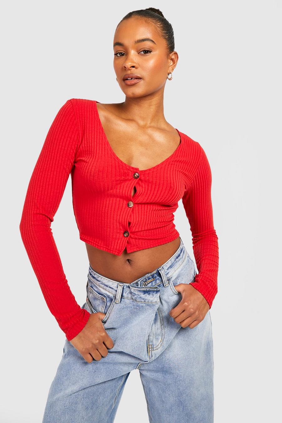 Red Tall Soft Rib Button Up Crop Jumper image number 1