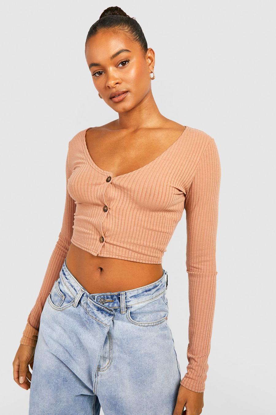 Stone beige Tall Soft Rib Button Up Crop Jumper image number 1