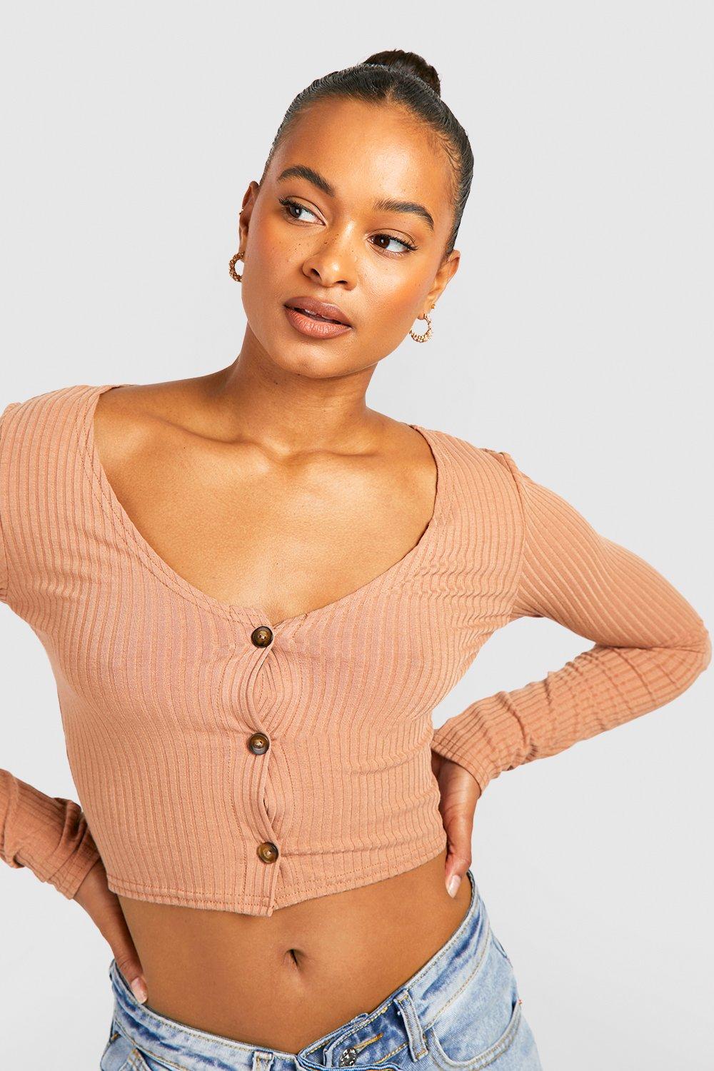 Tall Soft Rib Button Up Crop Sweater boohoo