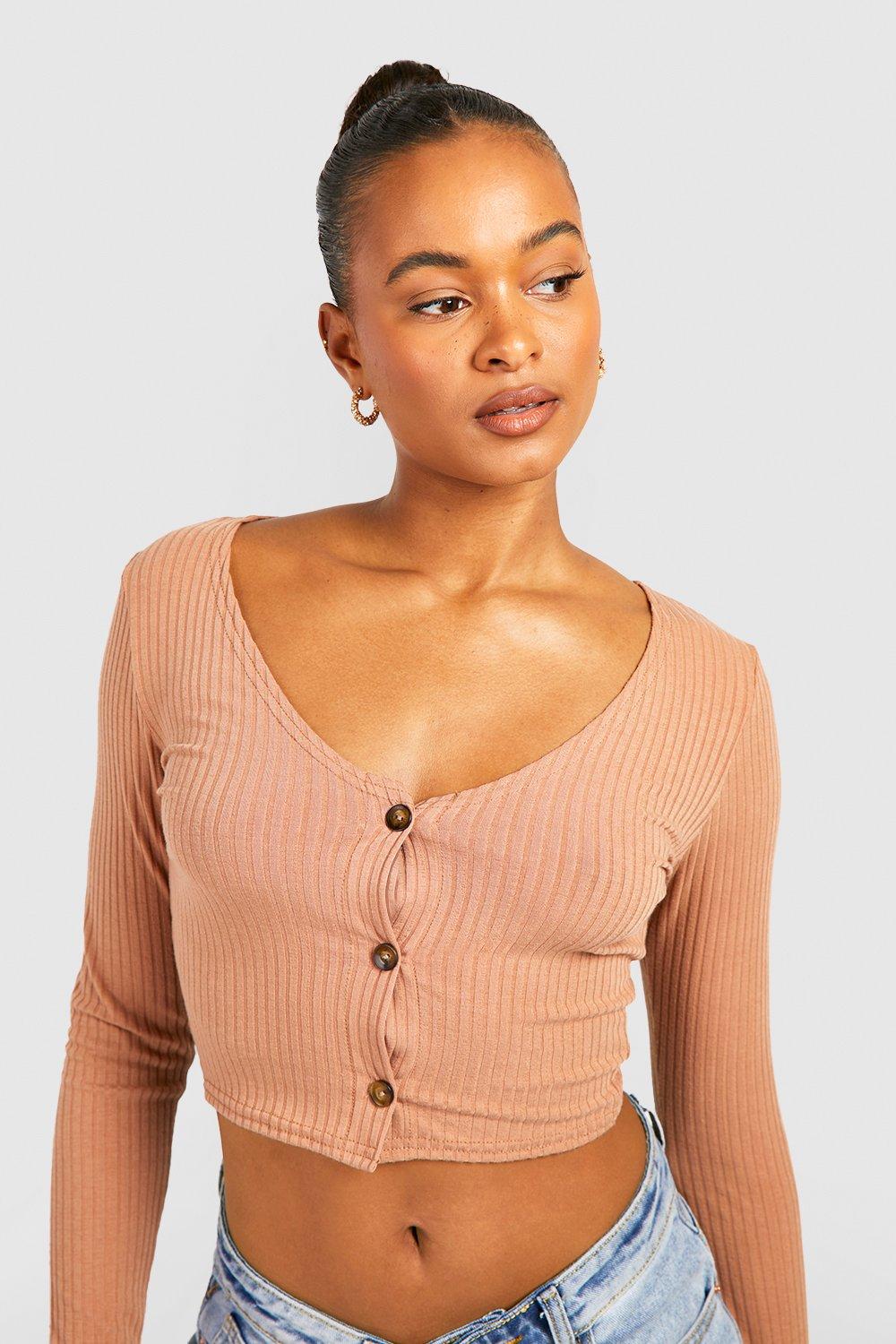 Tall Soft Rib Button Up Crop Sweater boohoo