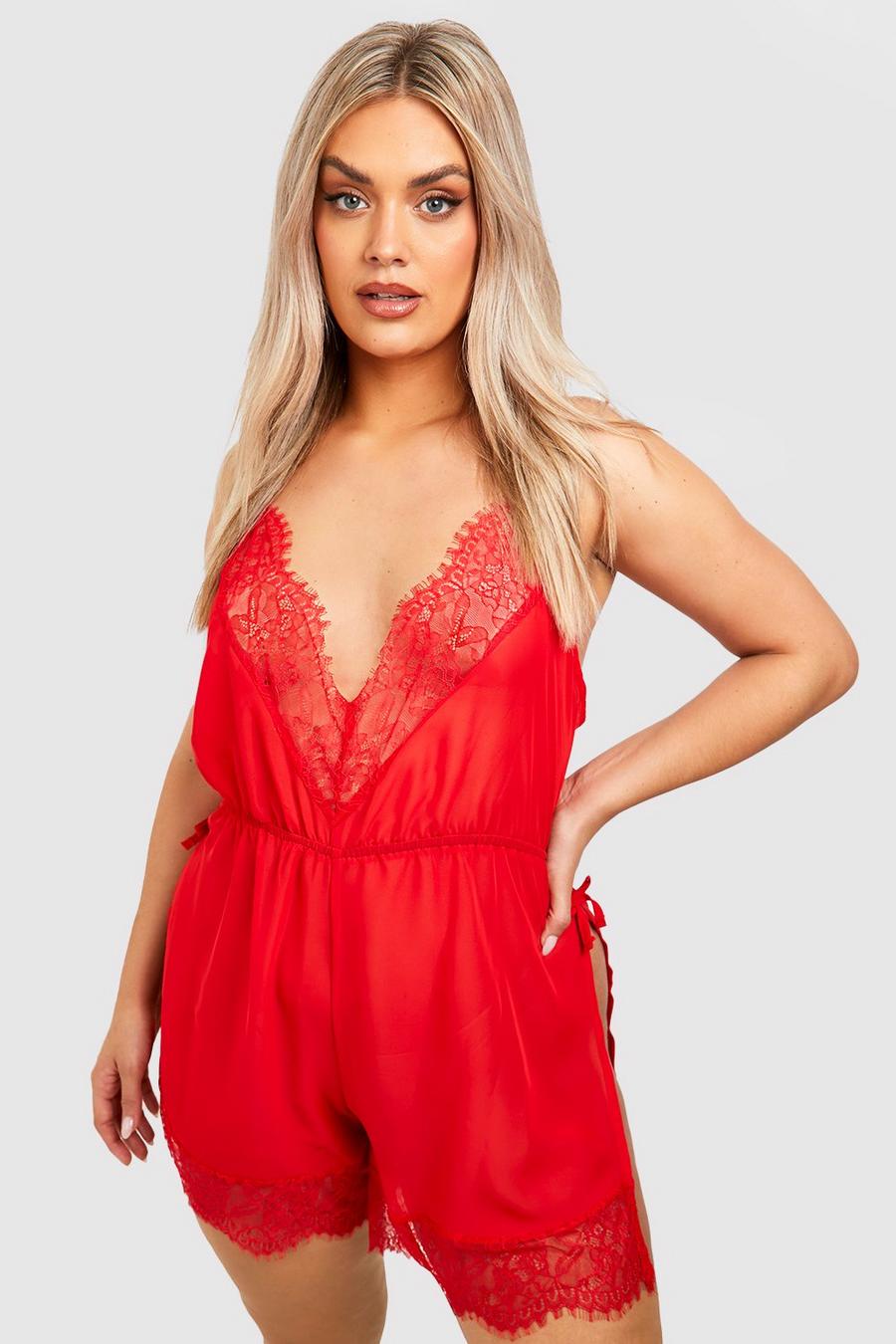 Red Plus Lace Trim Chiffon Babydoll image number 1