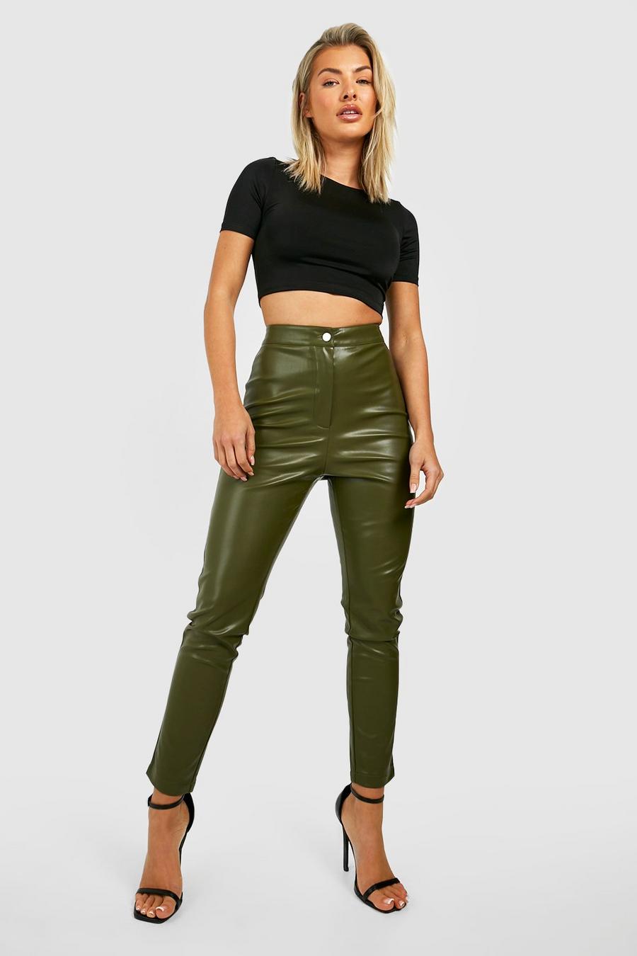 Khaki Leather Look High Waisted Skinny Trousers image number 1