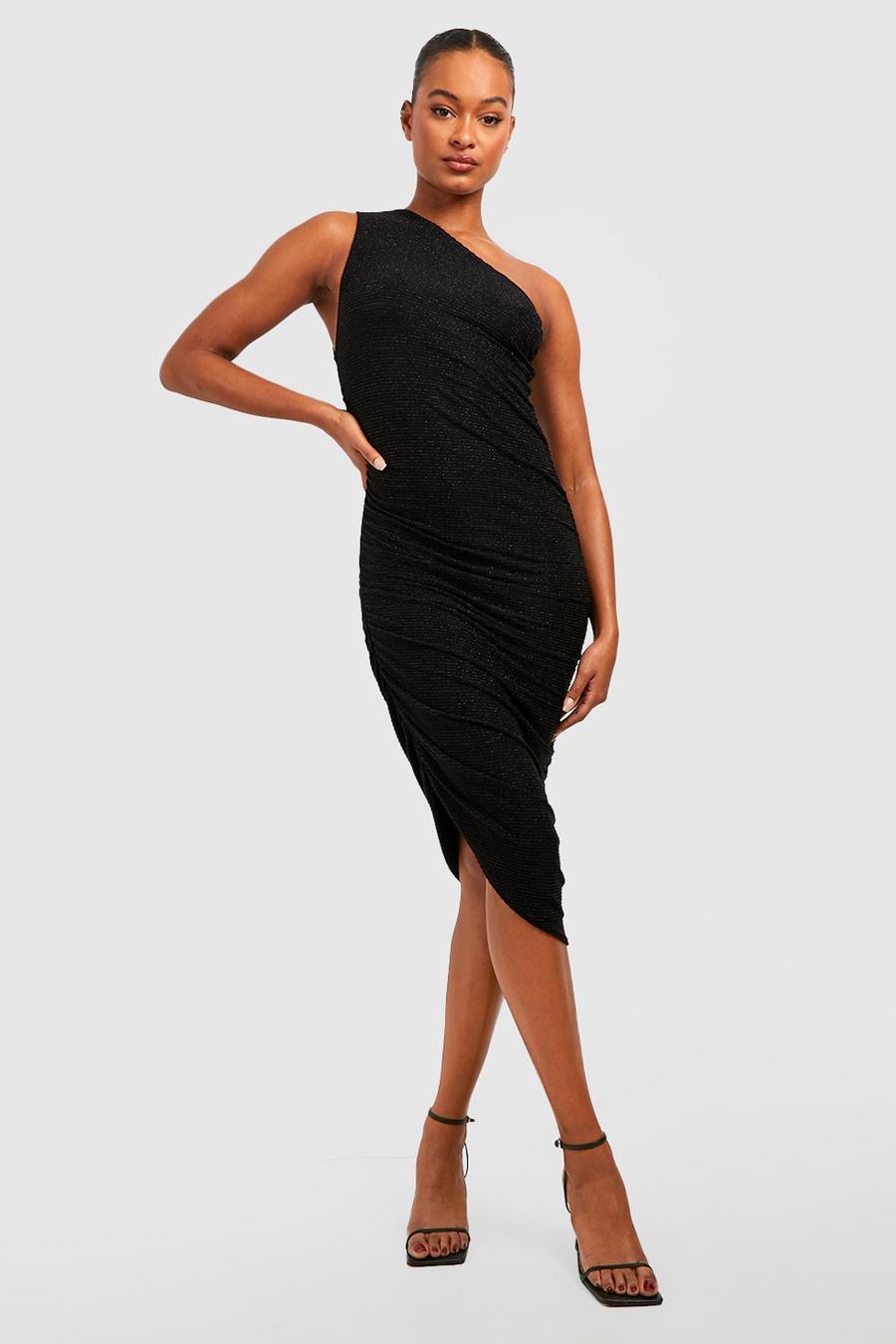 Black Tall Glitter Stripe Ruched Asymmetric Midi Dress image number 1