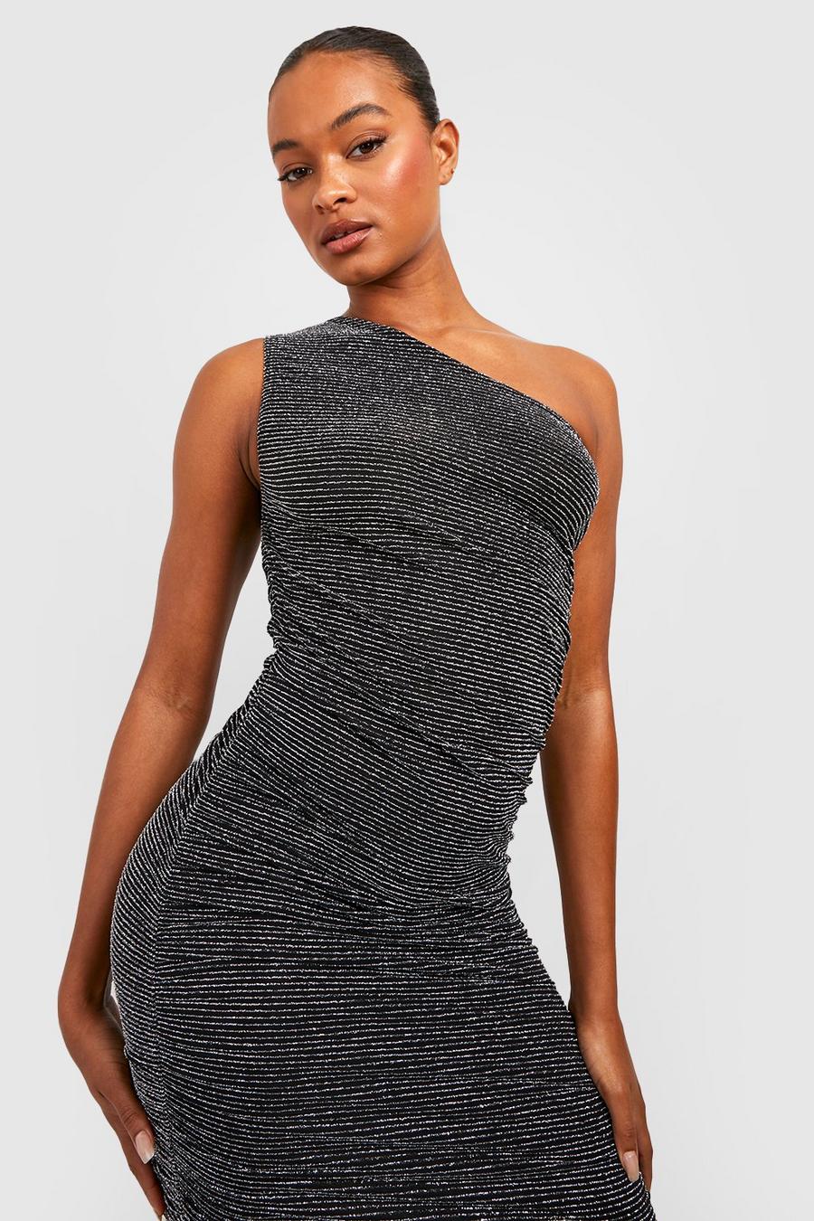 Silver Tall Glitter Stripe Ruched Asymmetric Midi Dress image number 1