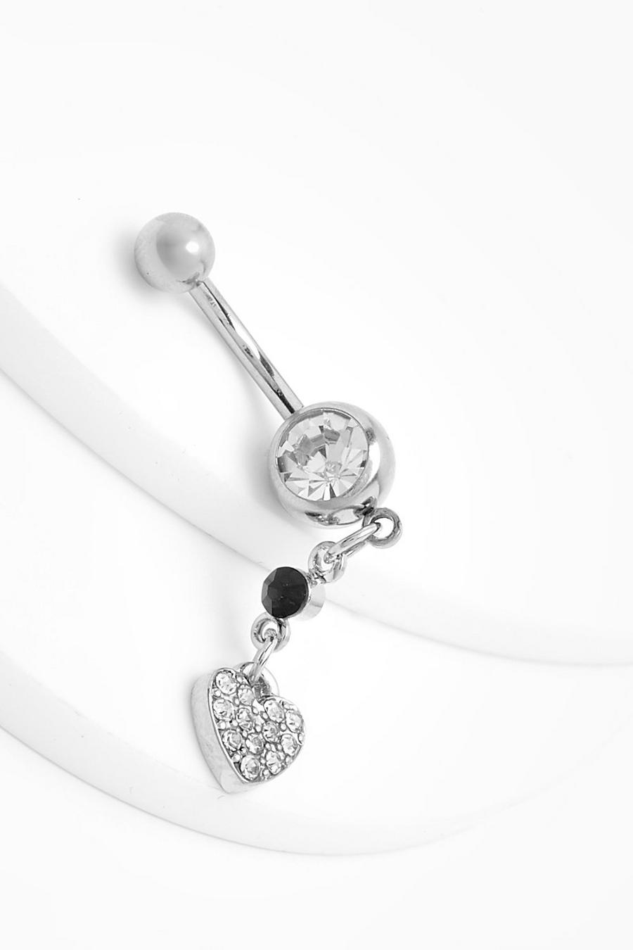 Silver Pave Heart Charm Belly Bar image number 1