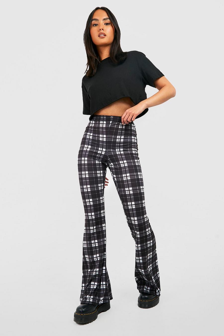 Black svart Tartan Checked High Waisted Flared Trousers image number 1