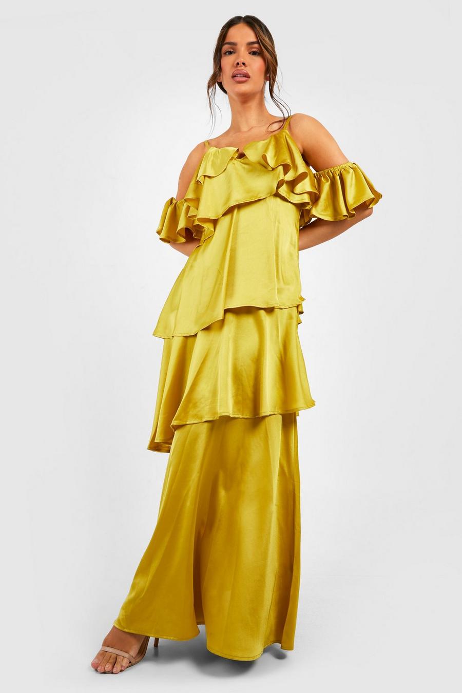 Chartreuse yellow Satin Ruffle Tiered Maxi Dress
