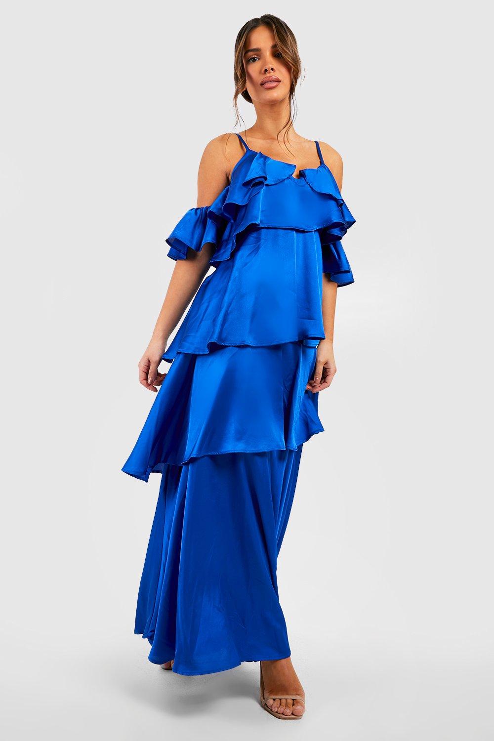 Satin Ruffle Plunge Maxi Dress