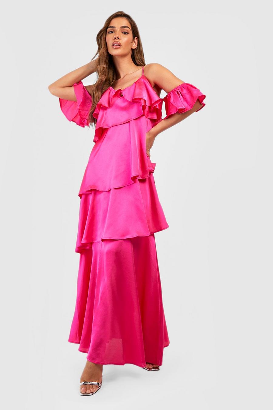 Vestito maxi in raso con arricciature e balze, Hot pink