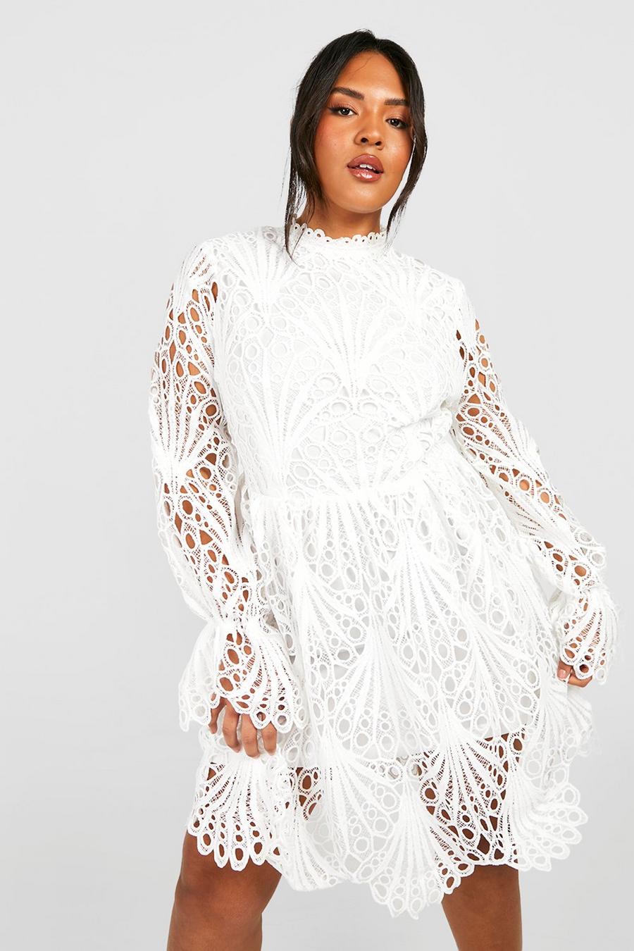 White Plus Flared Sleeve Lace Skater Dress image number 1