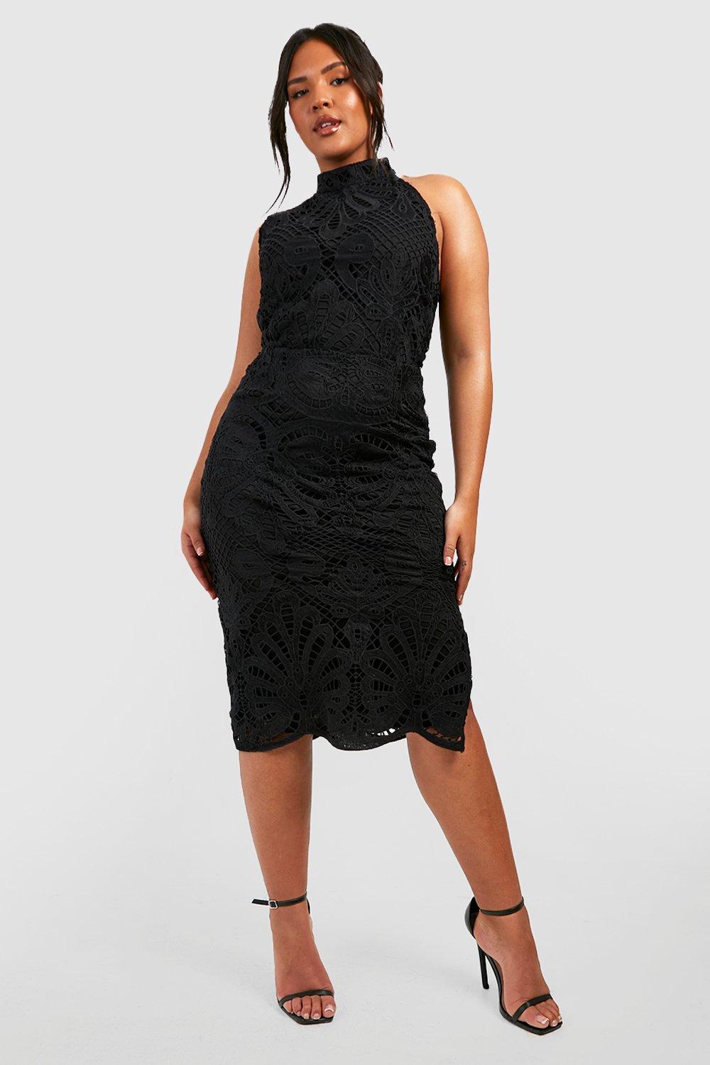 Black lace crochet shop high neck midi dress