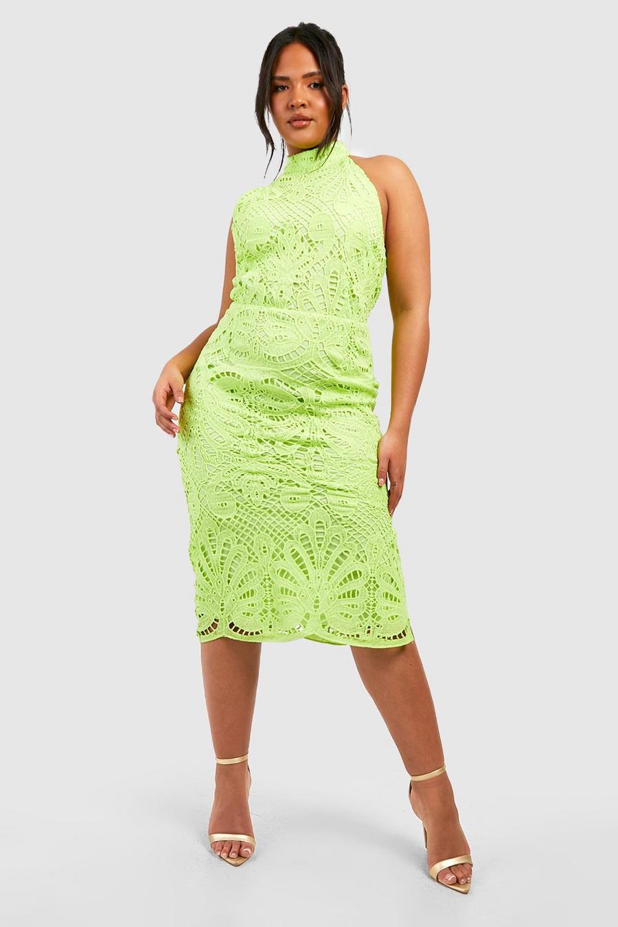 Neon-lime Plus Premium Crochet Lace High Neck Midi Dress image number 1