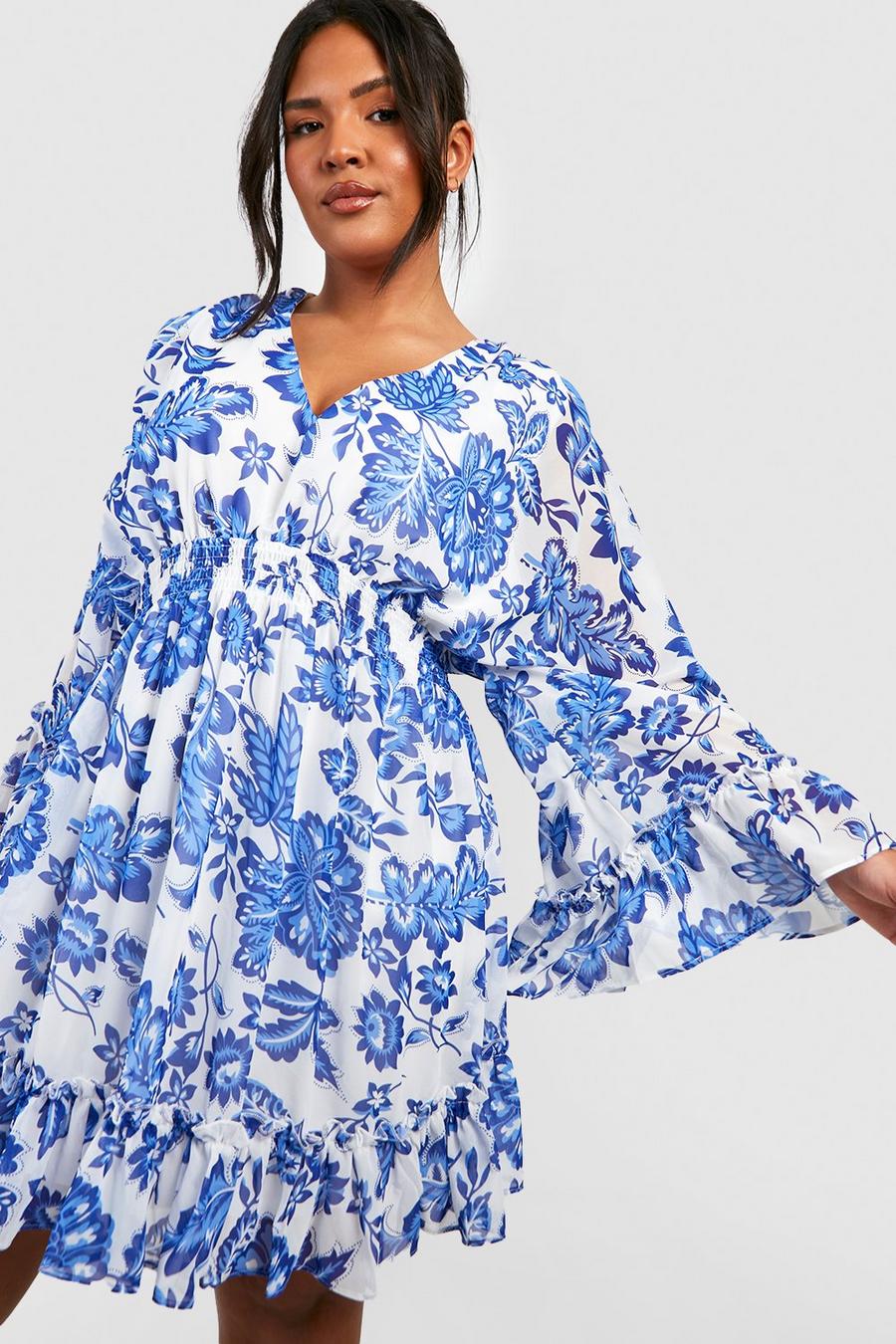 Blue Plus Floral Wrap Extreme Sleeve Smock Dress image number 1