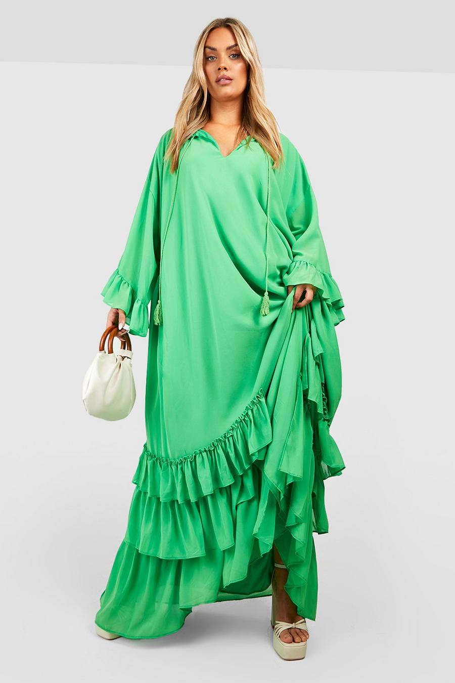 Green grön Plus Ruffle Detail Smock Maxi Dress