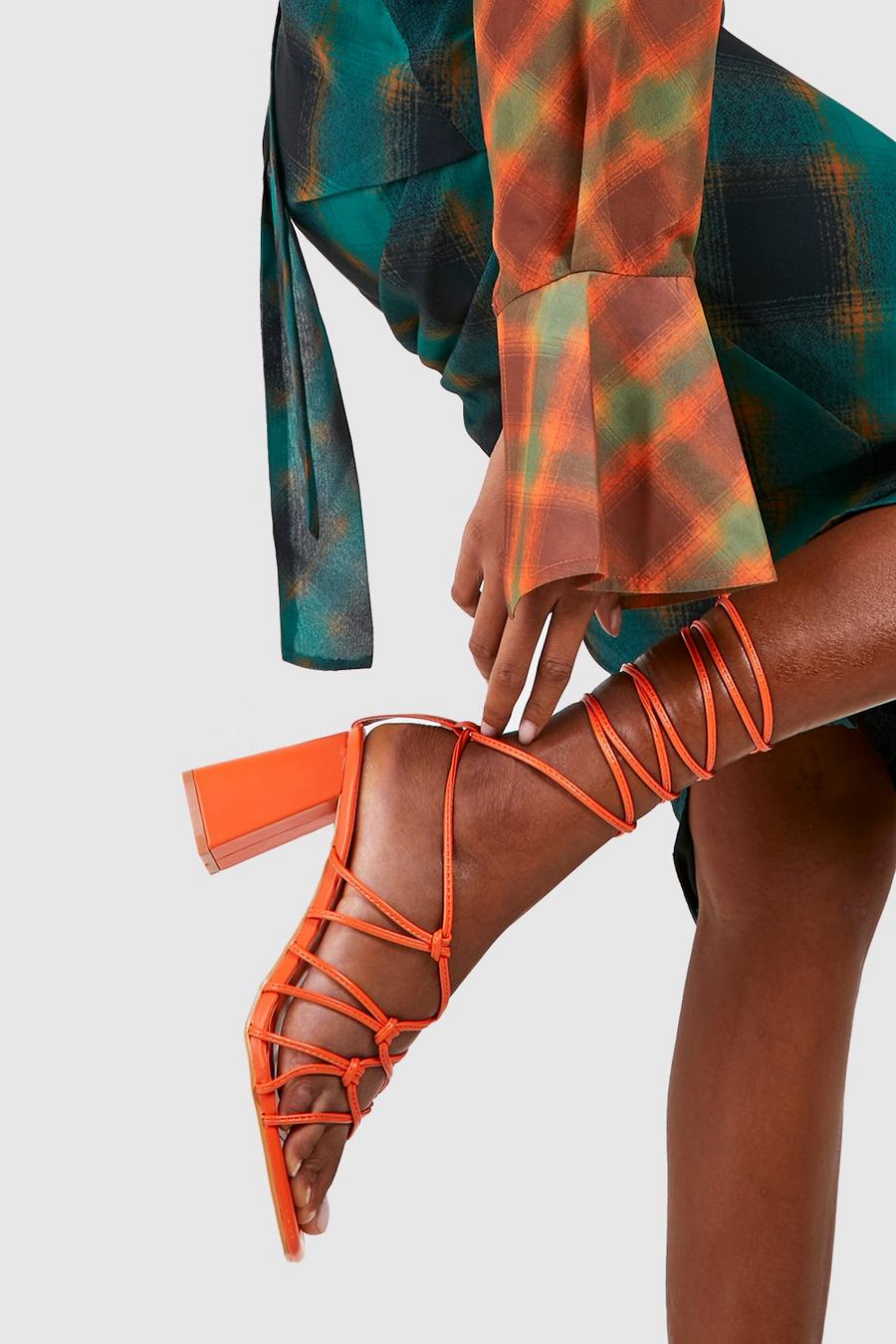 Orange Wide Fit Caged Tie Up Block Heel Sandals