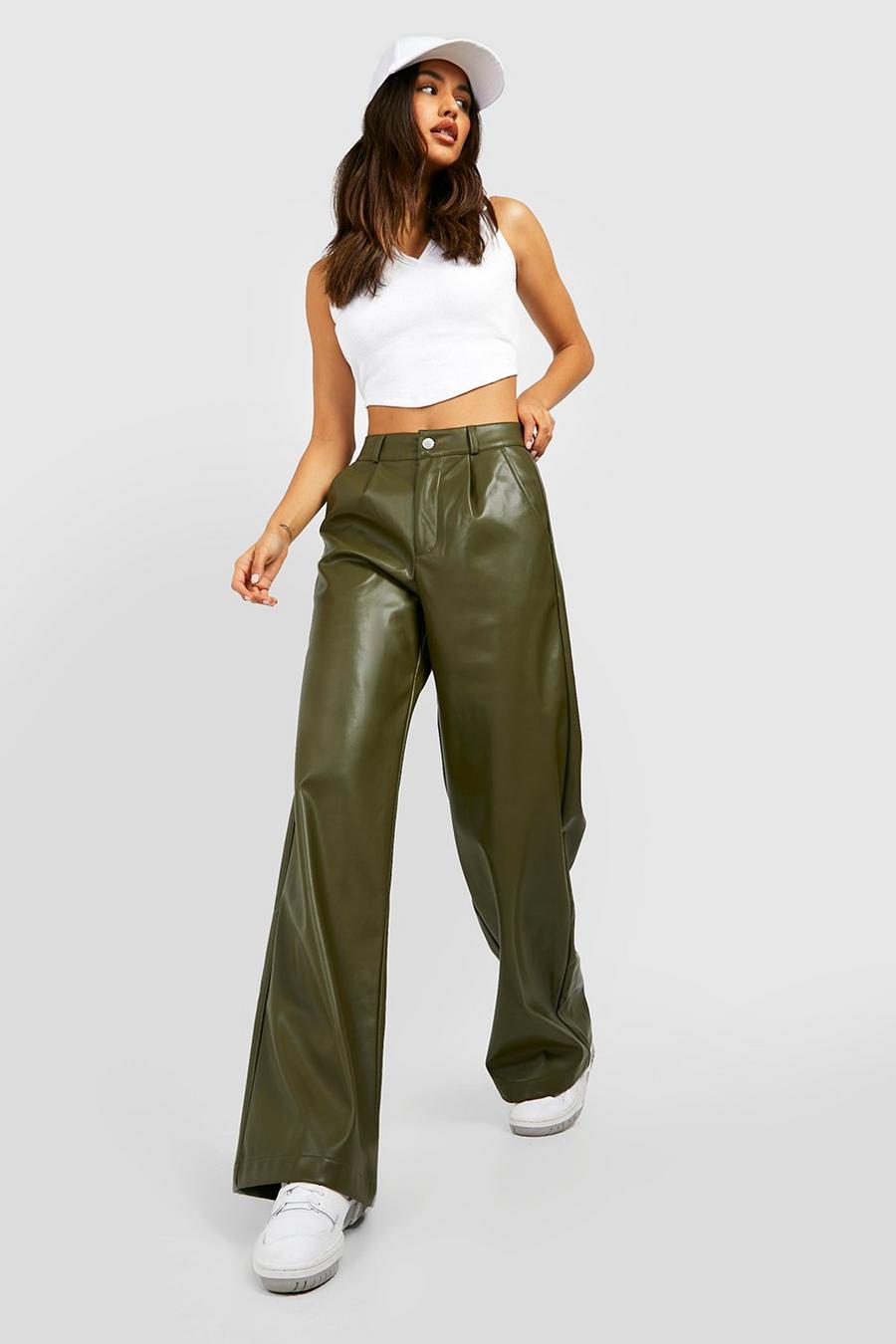 Khaki Leather Look High Waisted Relax Fit Trousers image number 1