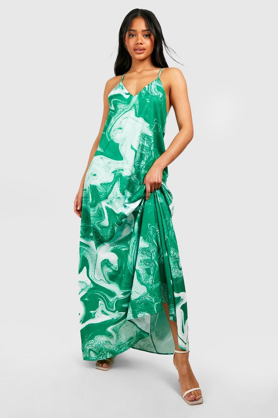 Green Marble Print Strappy Maxi Dress