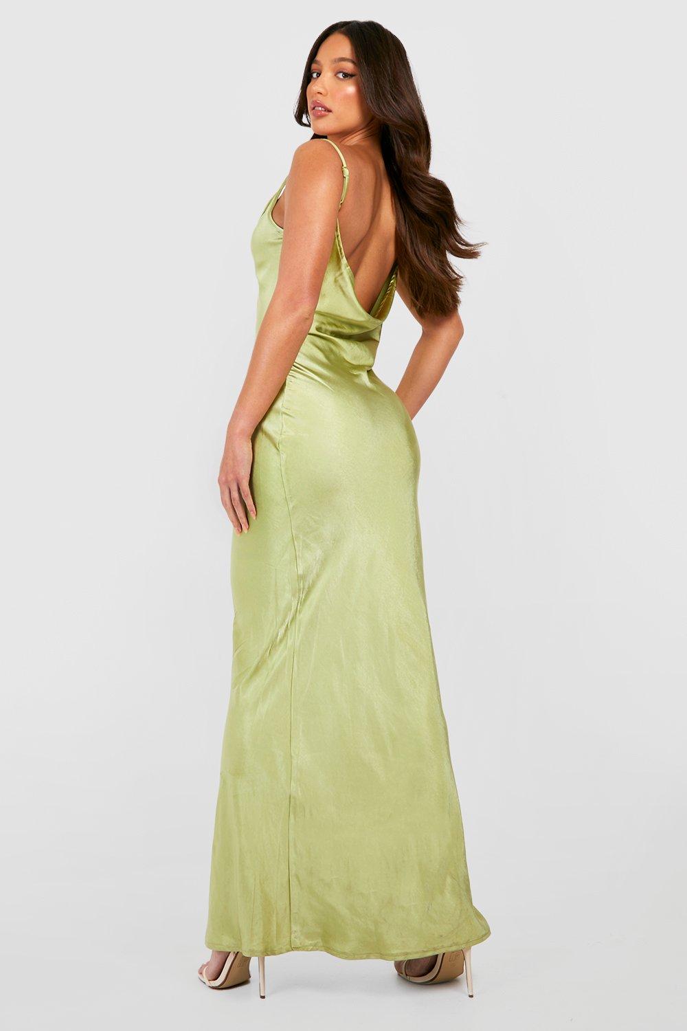 Hey Girl Long Satin Cowl Neck Dress Forest Green