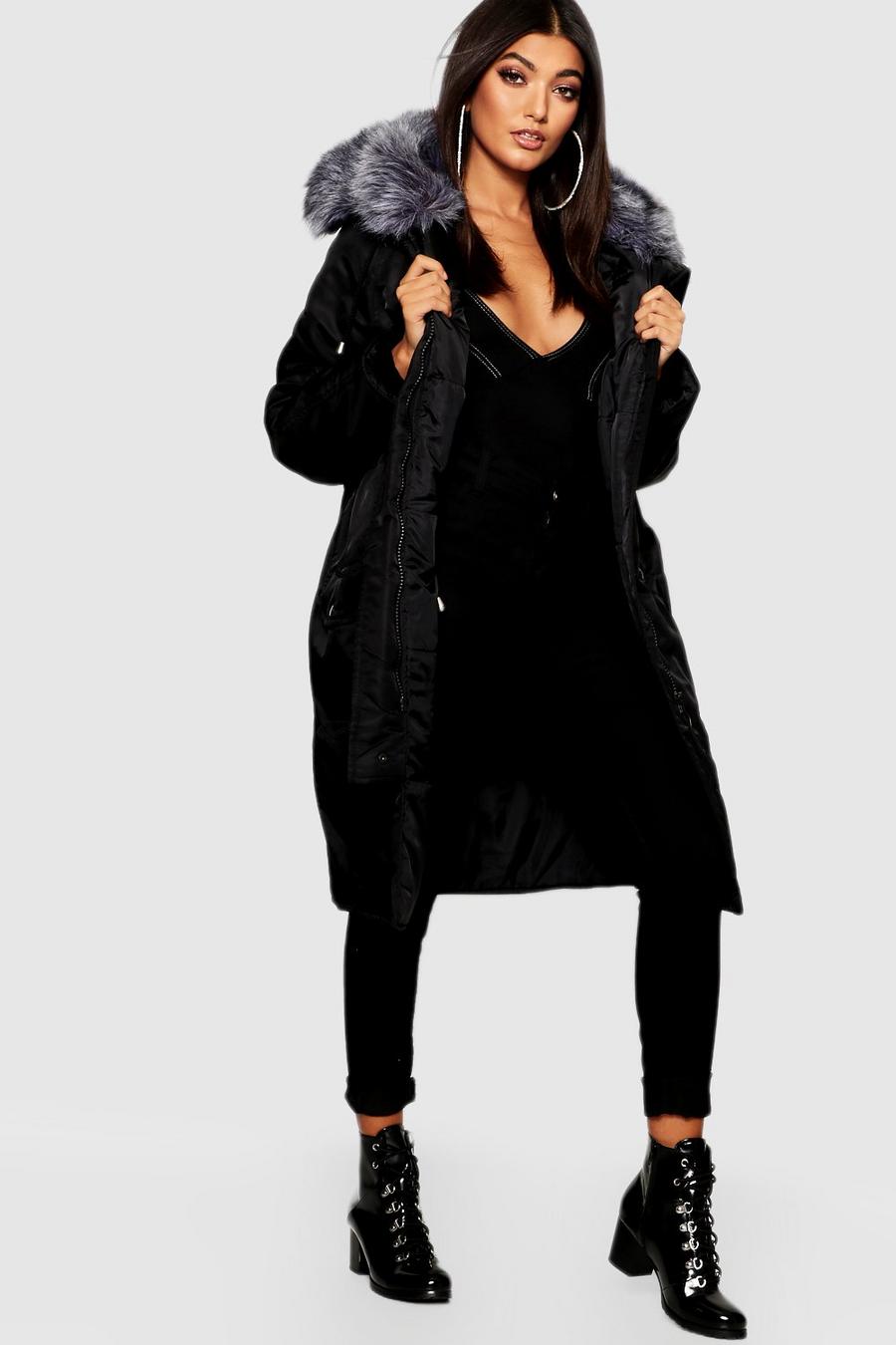 Black Oversized Faux Fur Fly Hood Luxe Parka Coat