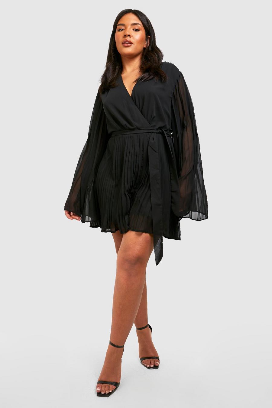 Tutina scaldacuore Plus Size in chiffon a pieghe, Black image number 1