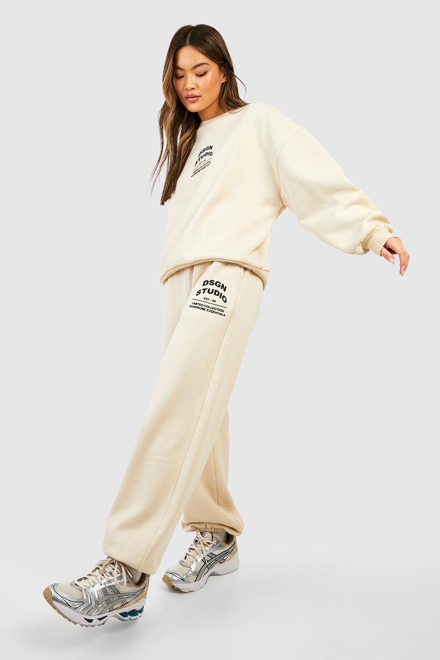 Sand beige Embroidered Slogan Sweater Tracksuit
