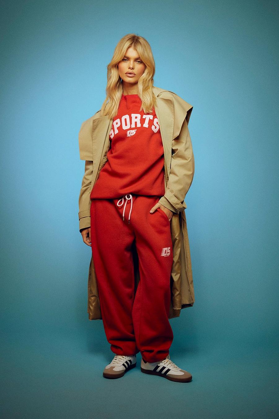 Red Sports Slogan Sweater Tracksuit image number 1