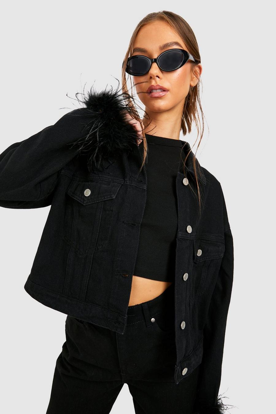 Black svart Feather Cuff Oversized Denim Jacket