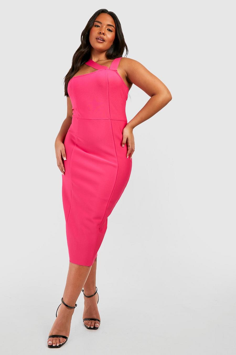 Hot pink Plus Premium Bandage One Shoulder Midi Dress