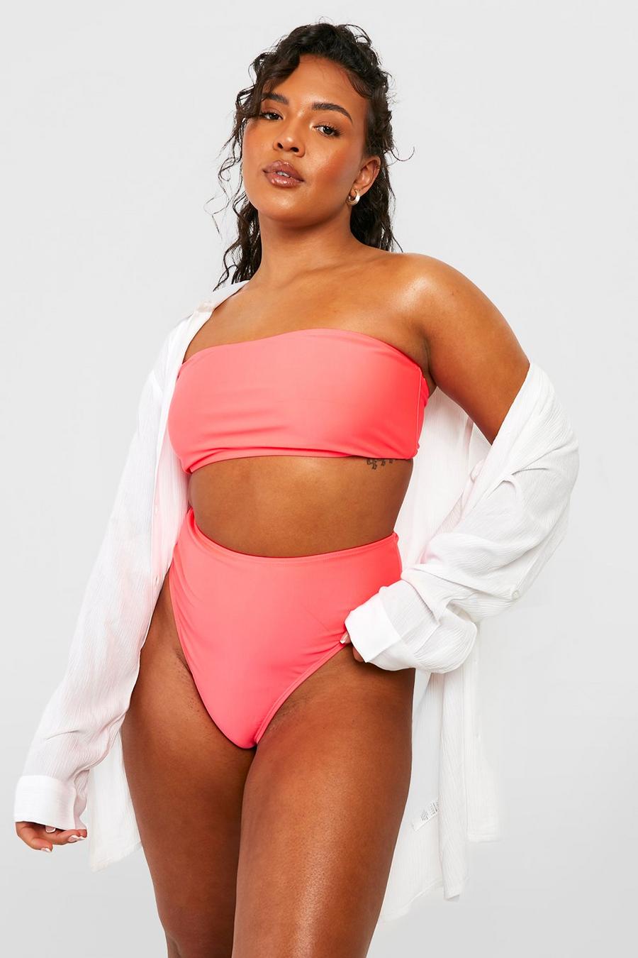 Plus Bandeau-Bikini mit hohem Bund, Hot pink