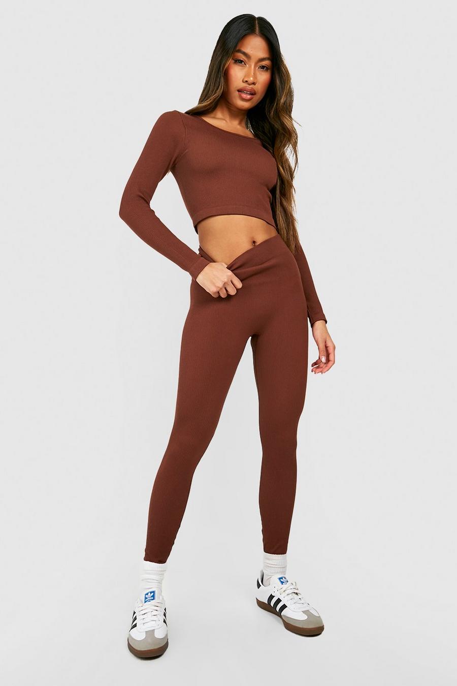 Chocolate Structured Seamless Contour Ribbed Sculpt Leggings image number 1