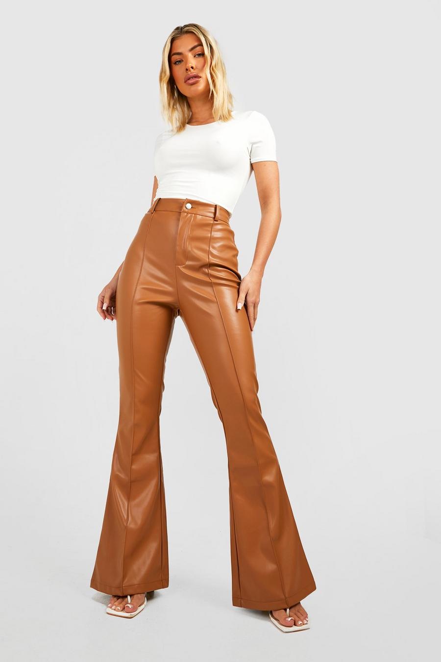 Tan Faux Leather Tailored High Waisted Flared Pants image number 1