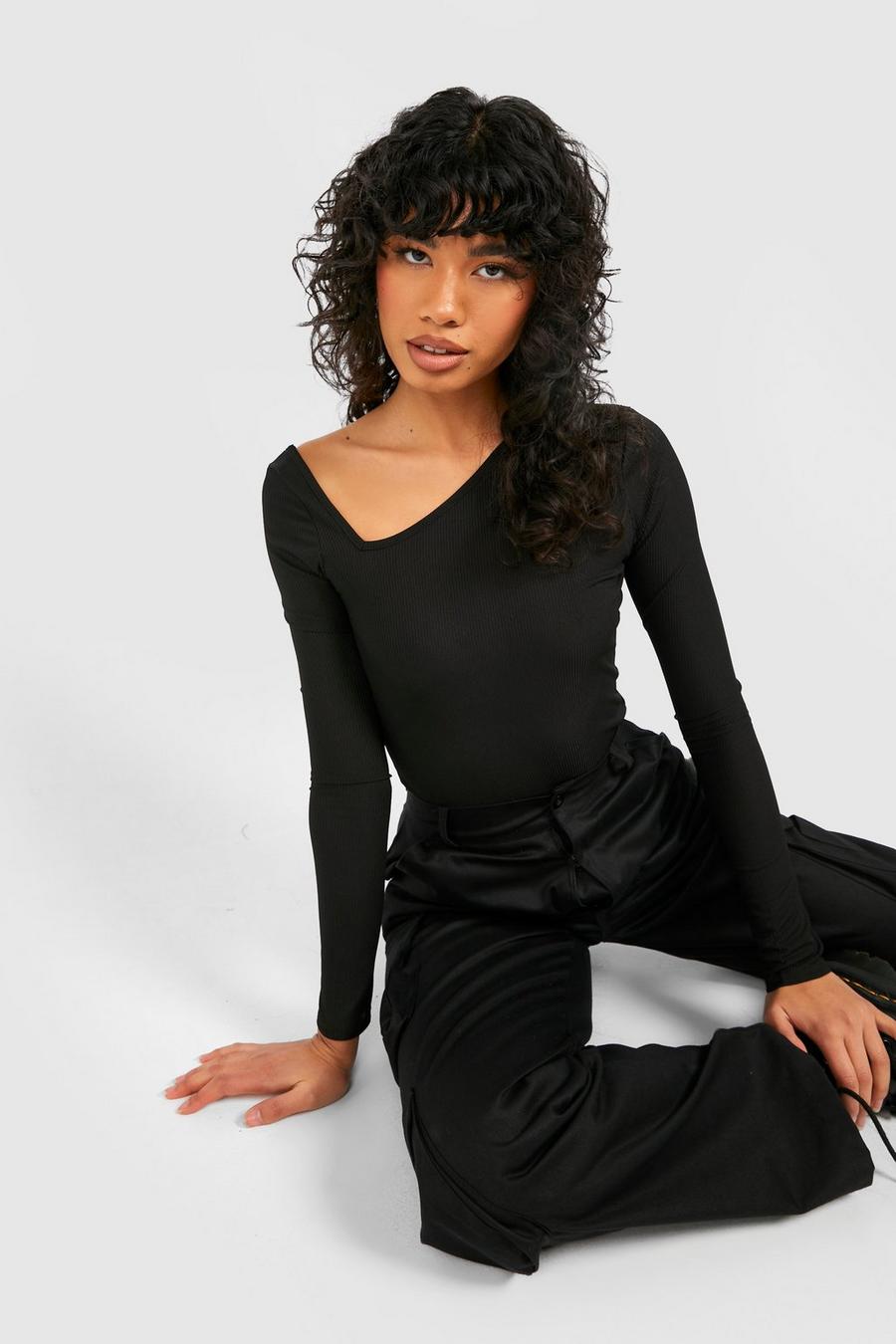 Black Ribbed Cut Out Long Sleeve Bodysuit image number 1