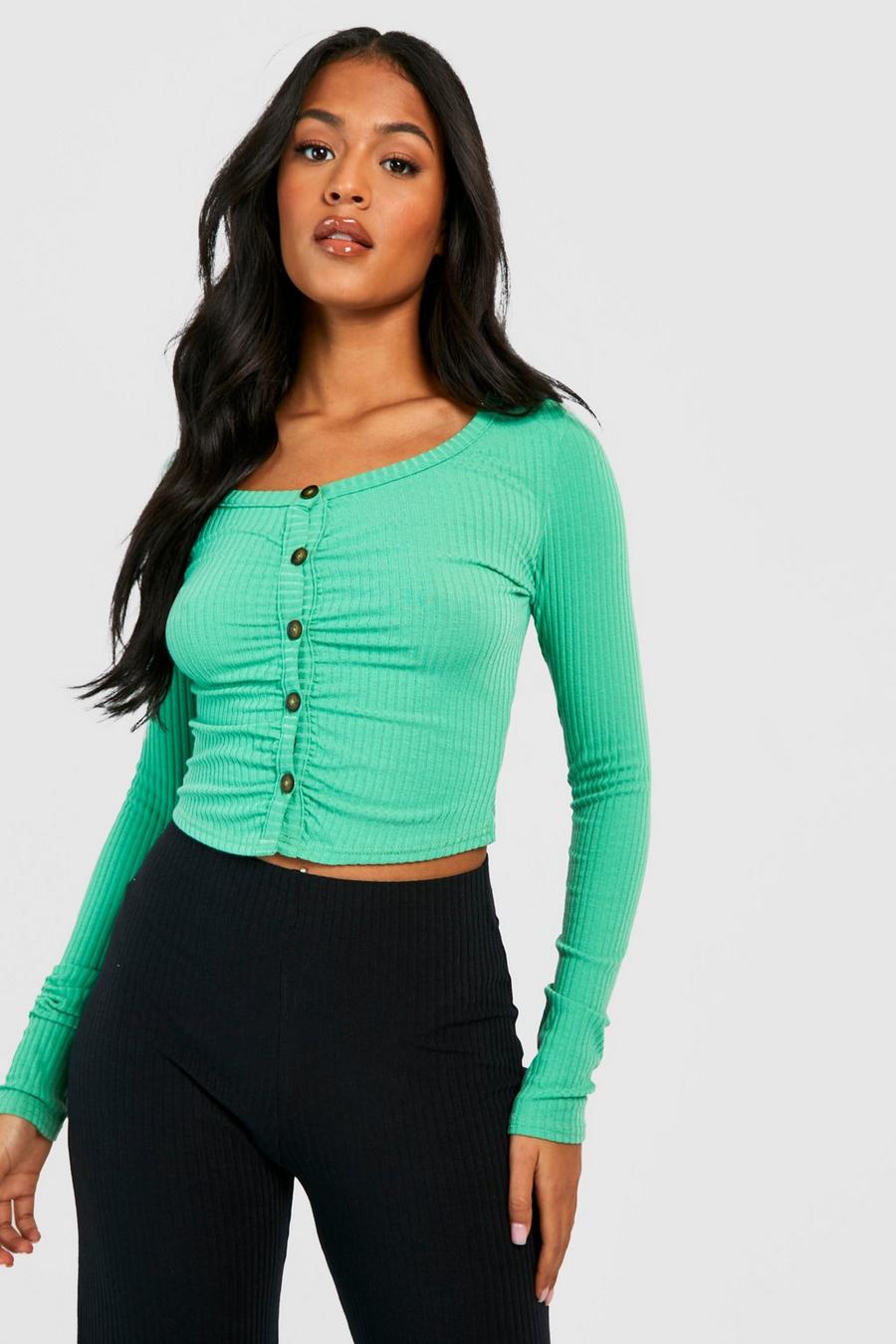 Green Tall Soft Rib Ruched Button Up Crop Sweater image number 1
