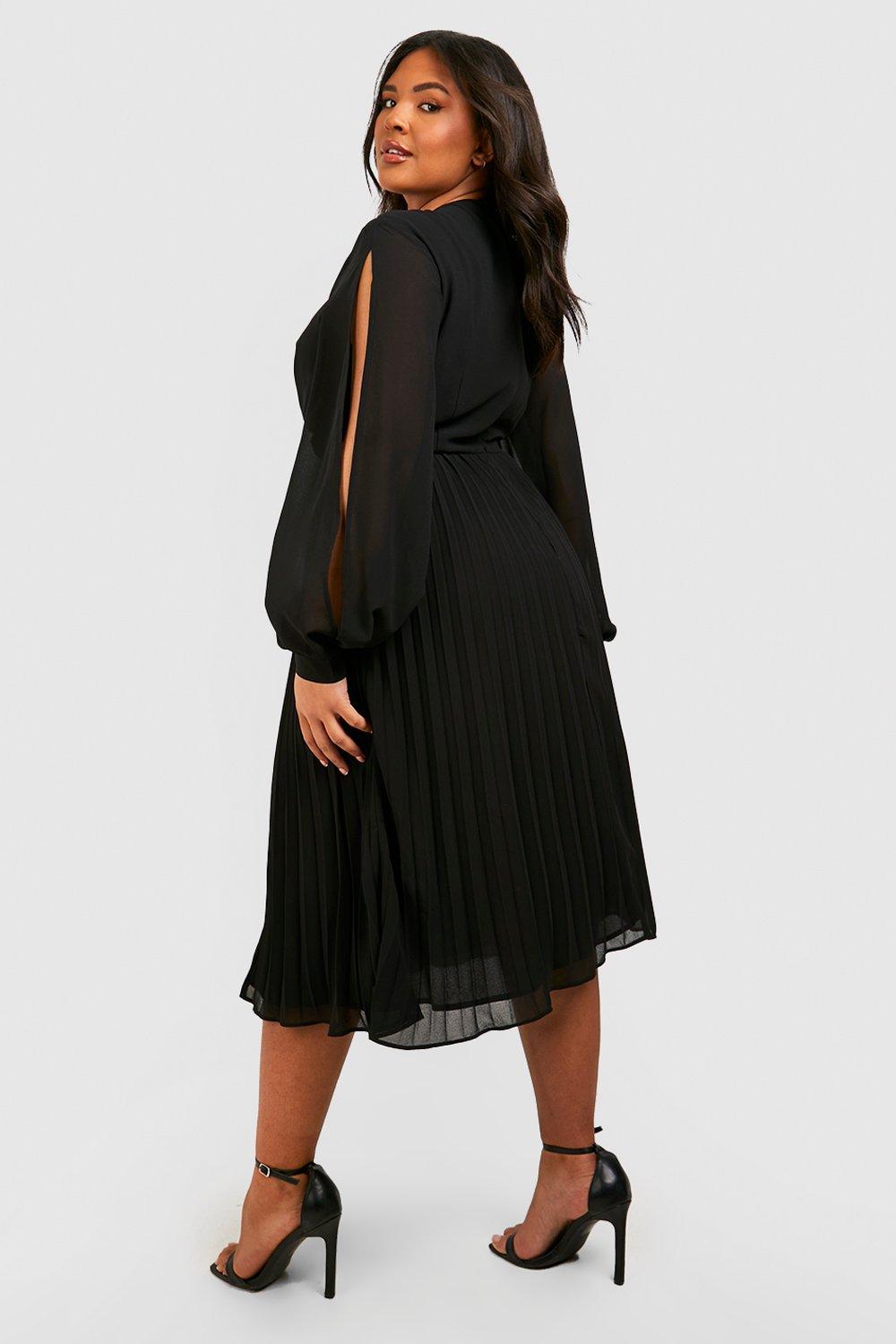 Boohoo Plus Twist Front Pleated Chiffon Midi Skater Dress