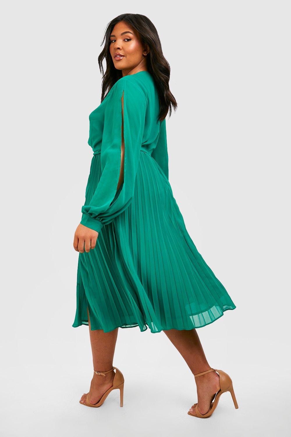 Plus Chiffon Twist Front Pleated Midi Skater Dress