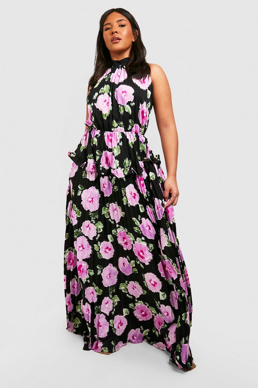 Black Plus Floral Halterneck Pleated Frill Maxi Dress image number 1