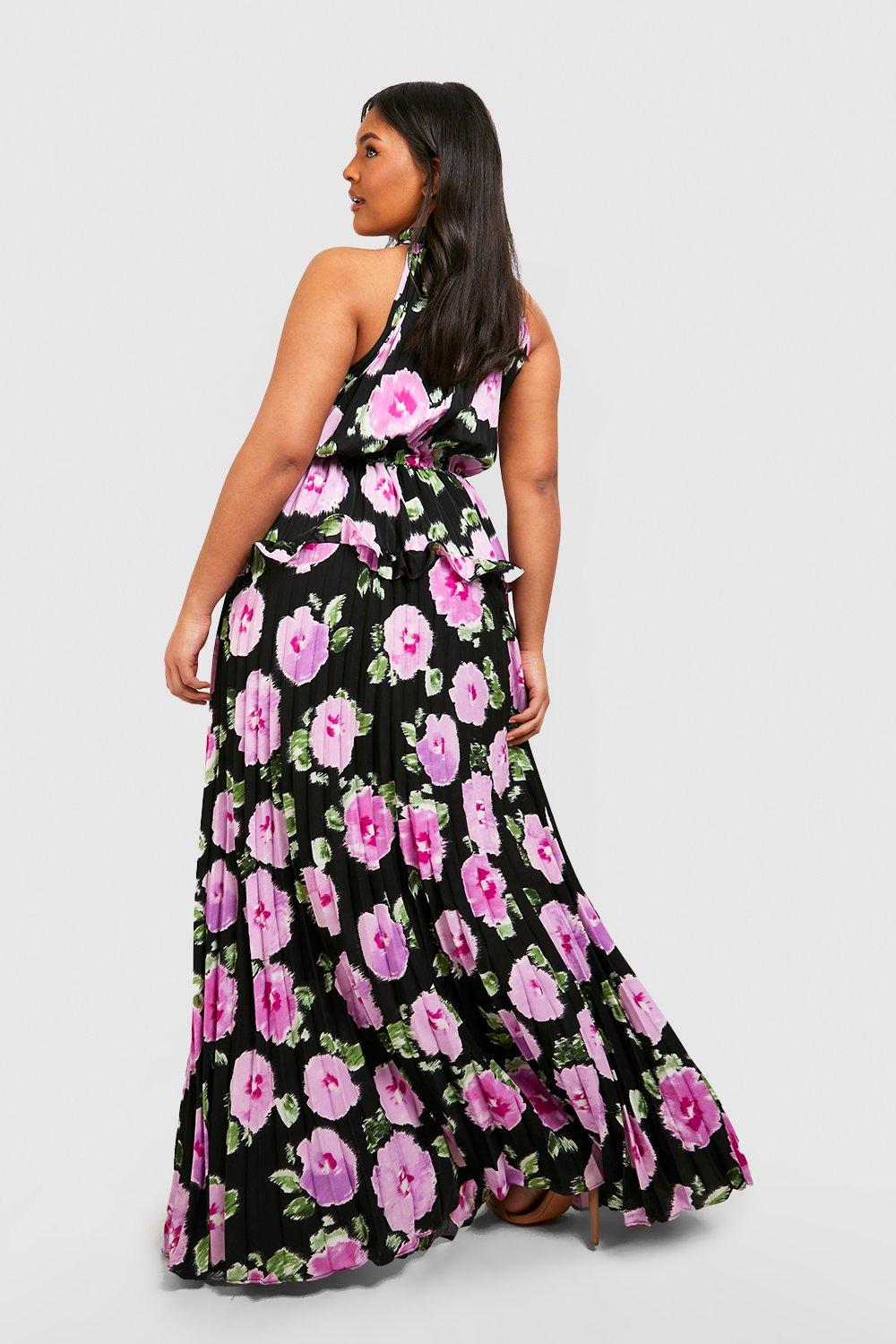 Plus Floral Halterneck Pleated Frill Maxi Dress