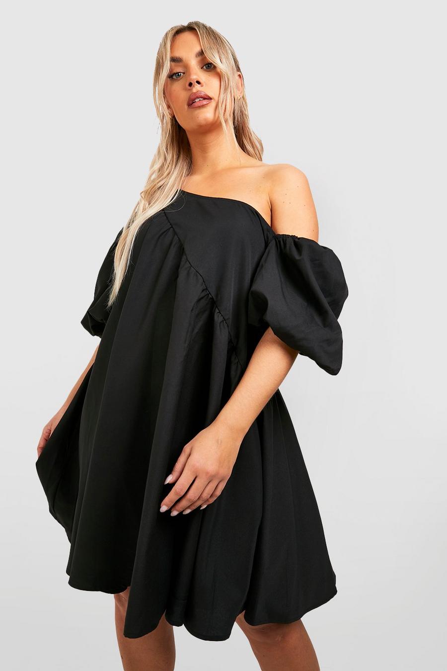 Black Plus Off Shoulder Asymmetric Smock Dress image number 1