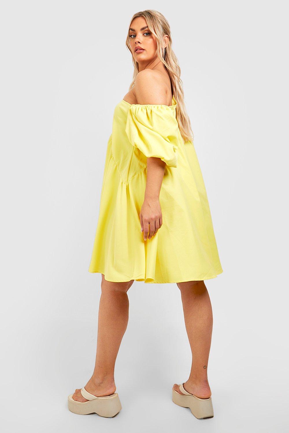 ASOS LUXE satin ruffle off shoulder mini dress in lemon