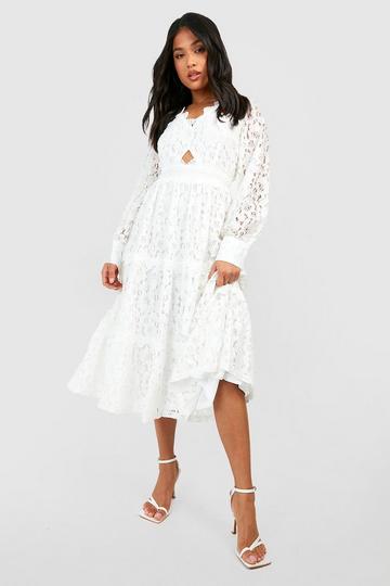 White Petite Premium Lace Cut Out Midi Dress