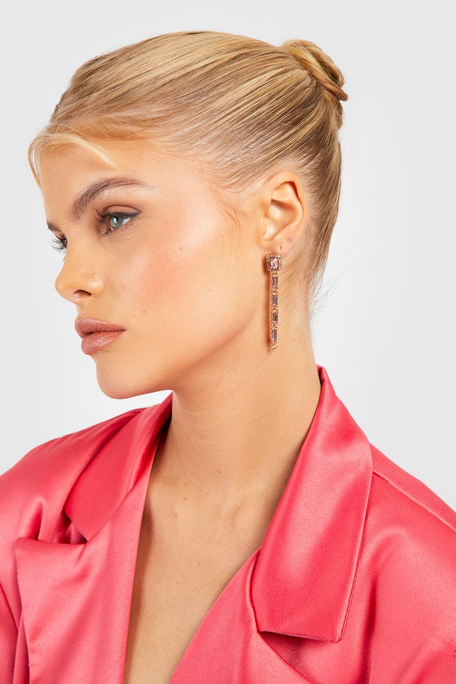 Pink Statement Baguette Drop Loop Chain Earrings image number 1