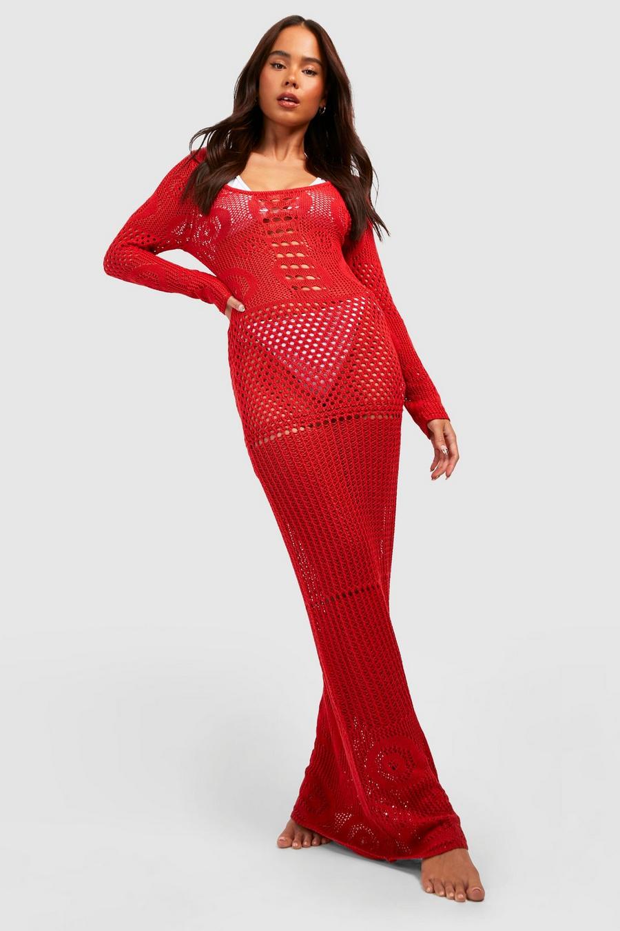 Red Petite Recycled Crochet Maxi Dress image number 1