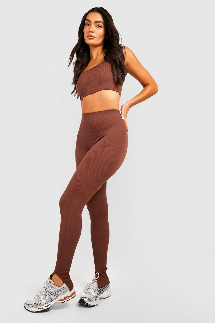 Chocolate brun Ribbade leggings med struktur och slitsar image number 1