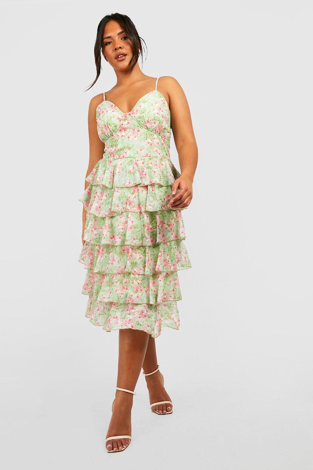 Plus Floral Chiffon Tiered Midi Dress