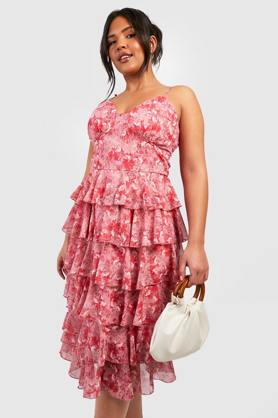 Vestido Plus midi escalonado de chifón con estampado de flores, Pink image number 1