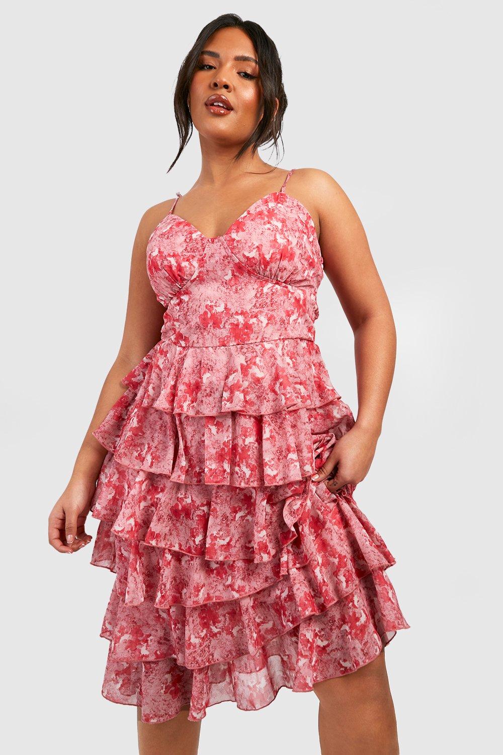 Plus Floral Chiffon Tiered Midi Dress