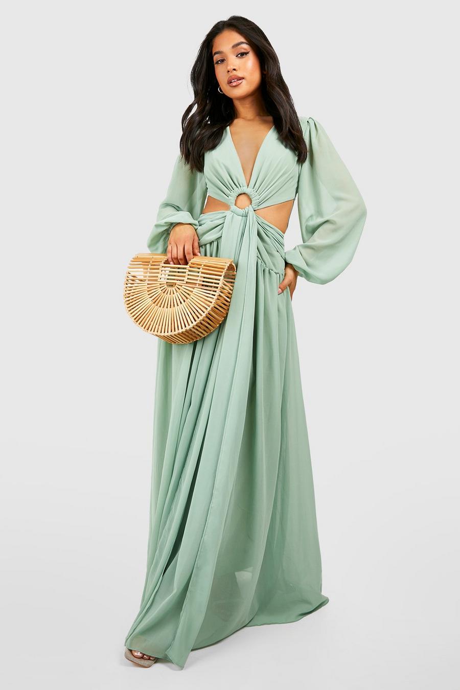 Green Petite Chiffon Ring Detail Cut Out Maxi Dress image number 1