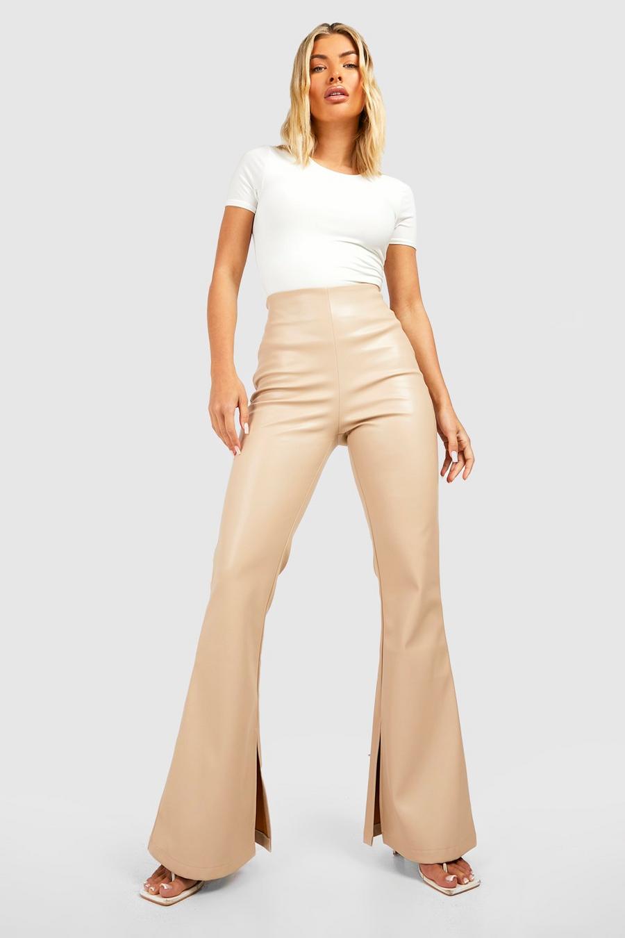Ecru Leather Look High Waisted Flared Pants image number 1