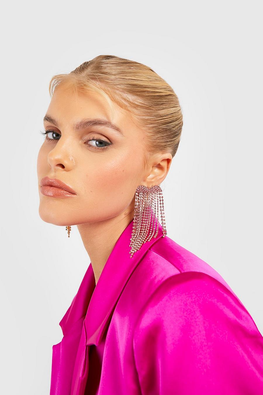 Pink Heart Crystal Row Tassel Drop Earrings