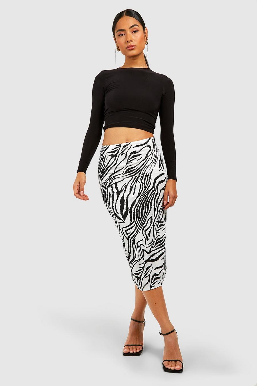 Black Khaki Zebra Print Rib Side Split Midi Skirt